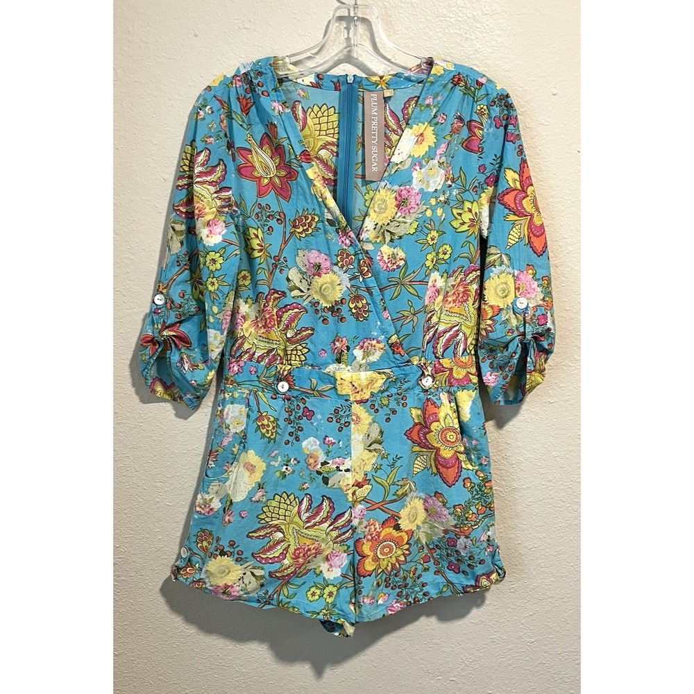 Plum Pretty Sugar Women's Romper Size Small Floral Wrap Turquoise Blue Cotton